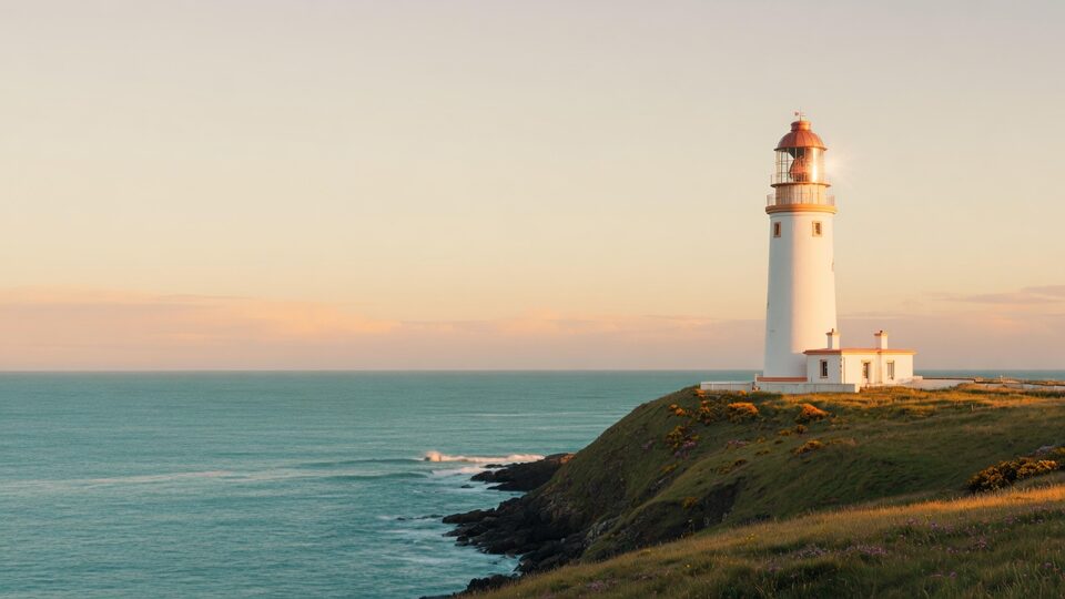 White coastal lighthouse on a headland at golden hour