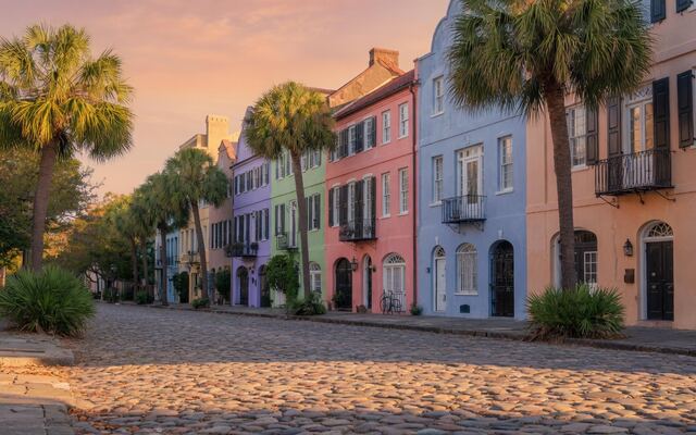 Pastel historic houses and palmettos in Charleston, South Carolina