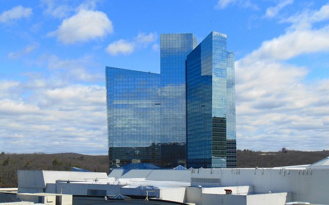 Sky Tower at Mohegan Sun in Uncasville, Connecticut, the faceted glass hotel rising above the casino complex