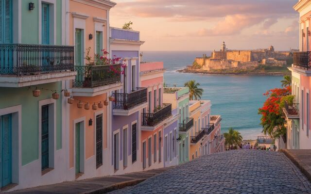 Pastel Old San Juan street opening toward the Atlantic