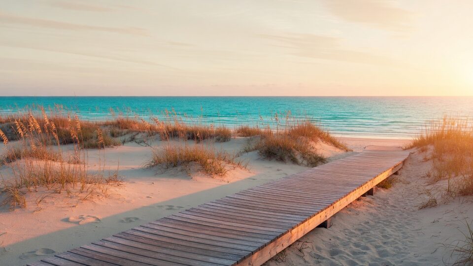 Wooden boardwalk through dunes toward the ocean at golden hour