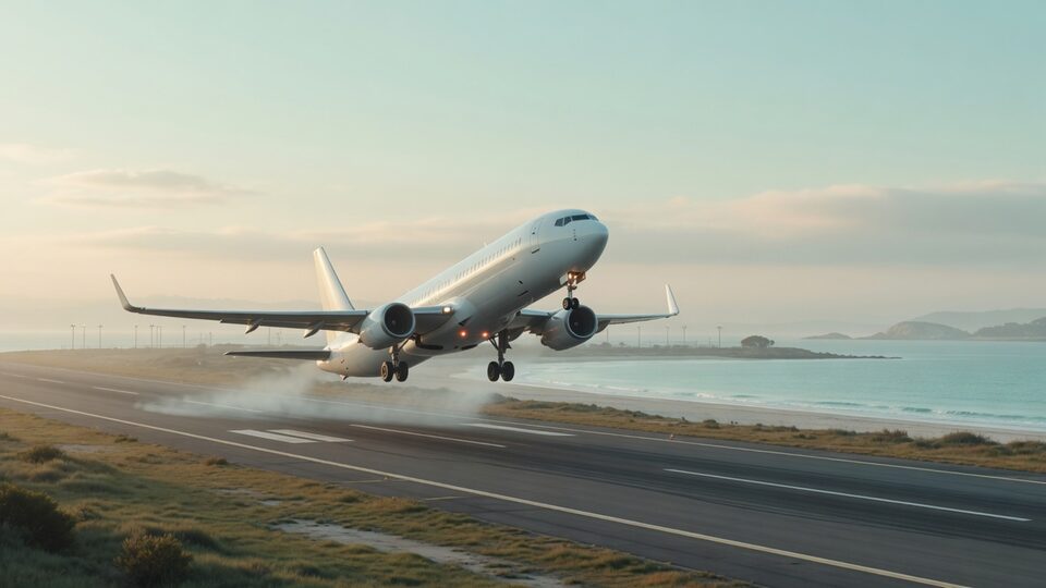 Silver airliner taking off from a coastal runway