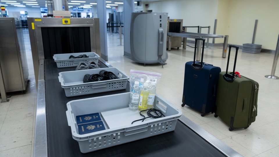 Screening bins with passports and a liquids bag at an airport checkpoint, two roller bags beside the belt