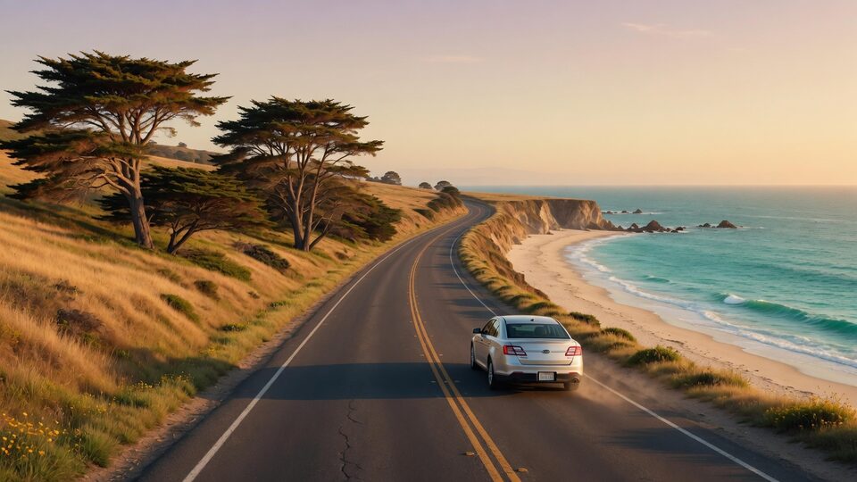 Silver sedan on a coastal highway at golden hour